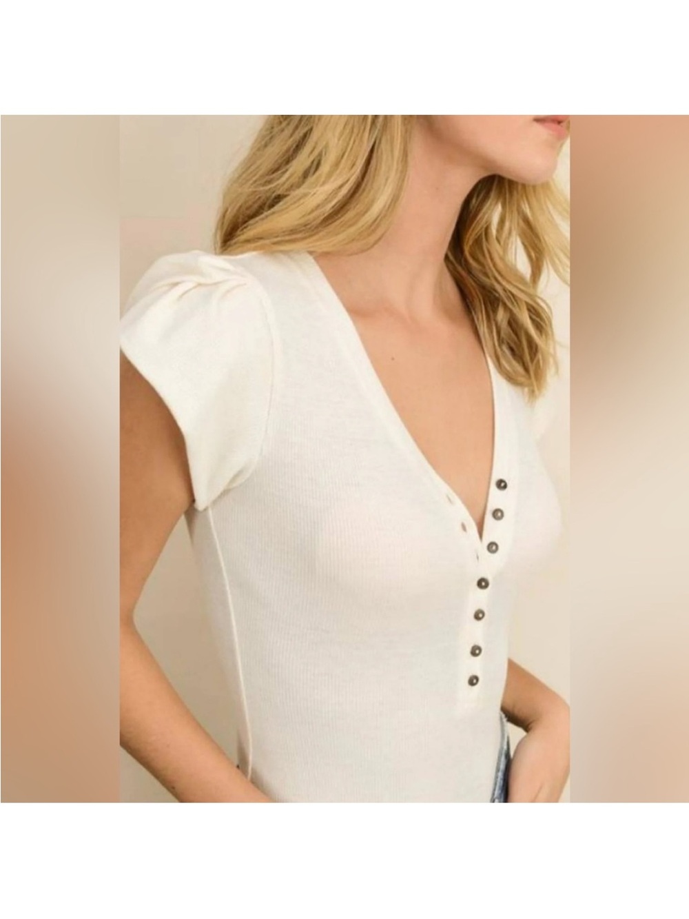 Dress Forum tan Ribbed V-Neck Button Front Top